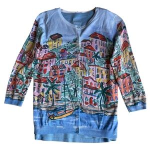 Talbots Colorful Cityscape Cardigan Three Quarter Sleeve Button Up